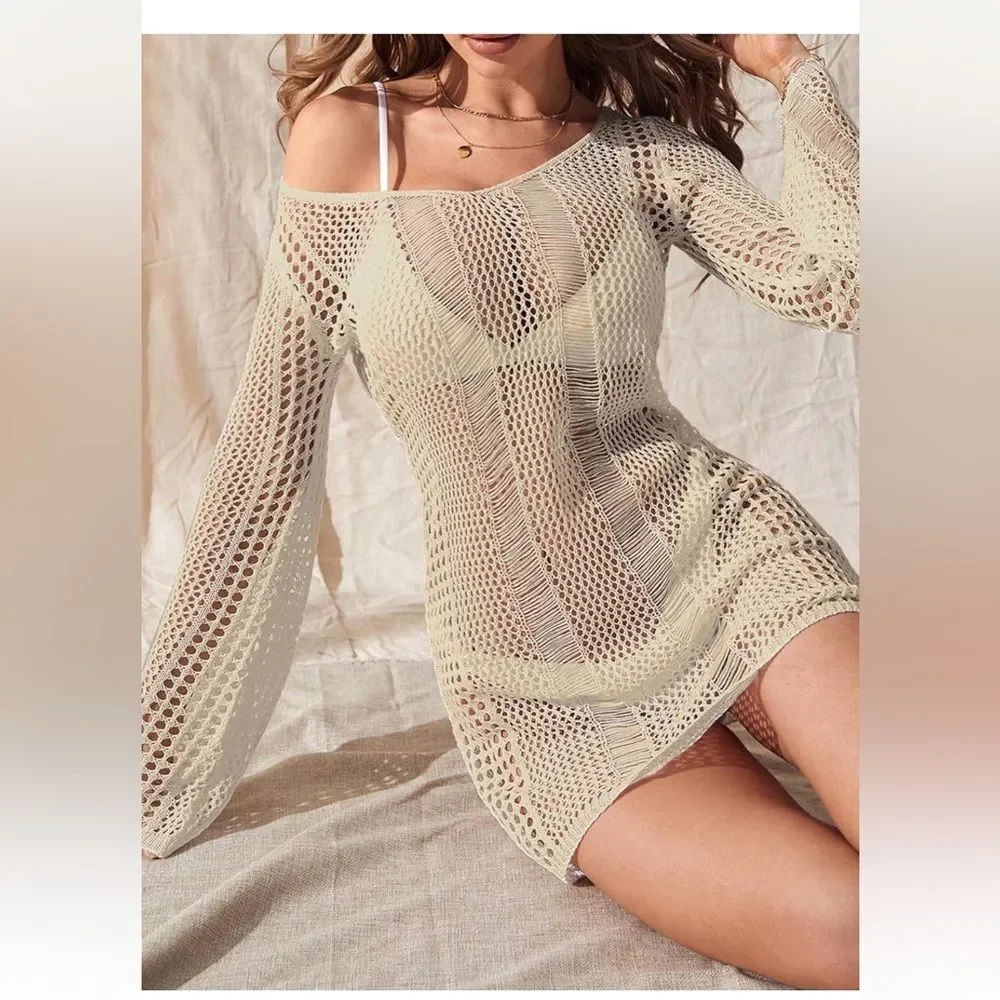 Cozyease Women’s Long Sleeve Backless Beach Dress - White